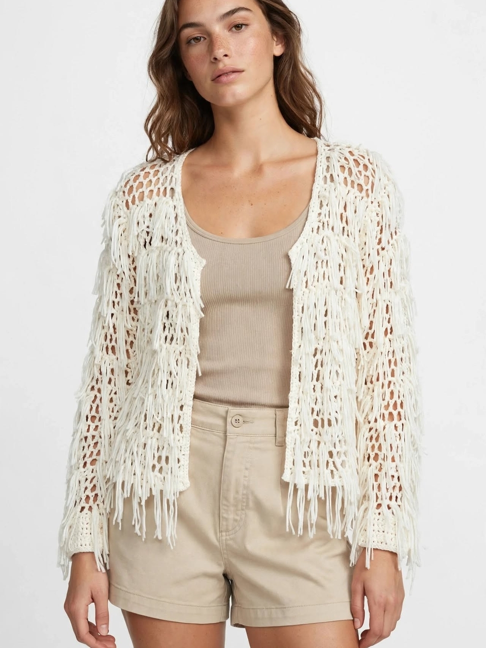 Gemstone Crochet Fringe Cardigan M Cream Boho Open Knit Kimono Festival - EUC